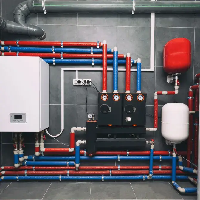 Commercial water heater and repiped manifold in a mechanical room