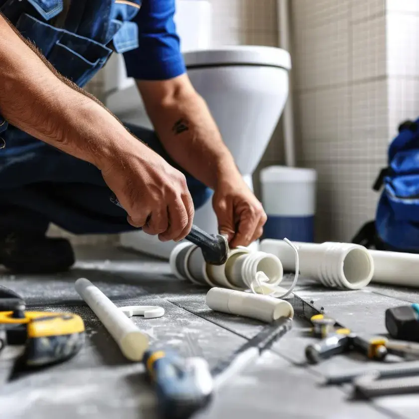 Plumber cutting and assembling PVC pipe on a build site